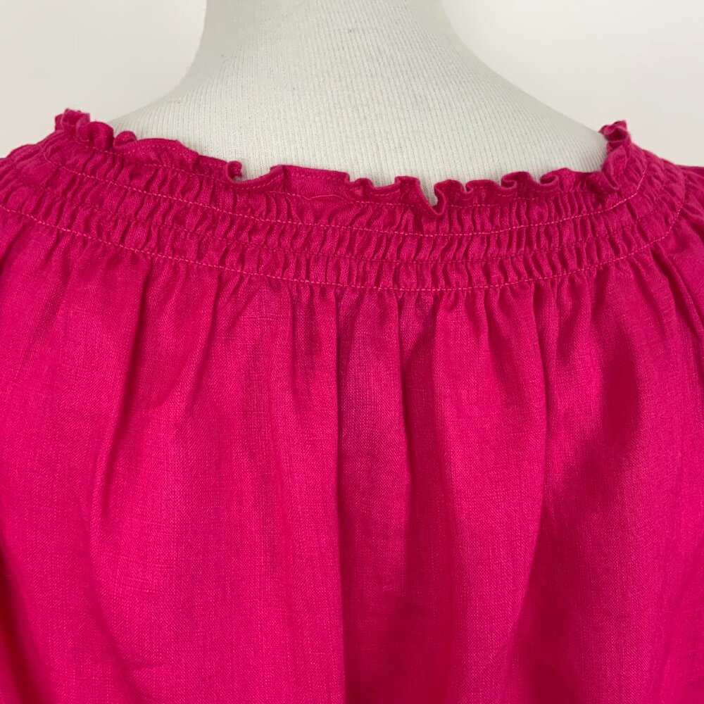 Lauren Ralph Lauren Fuschia Linen Peasant Embroidered Blouse Tie Waist Sz L - Picture 15 of 16